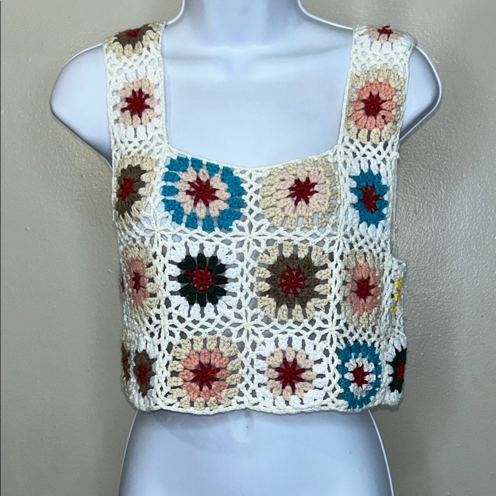 Crochet Square Tank Top - Multicolor Floral Crochet Crop Top